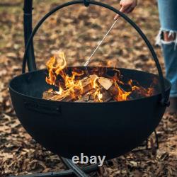Ash & Ember 30 Cast Iron Cauldron Fire Pit Bowl, Grill Grate, Chain, Stand