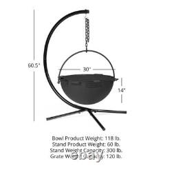 Ash & Ember 30 Cast Iron Cauldron Fire Pit Bowl, Grill Grate, Chain, Stand