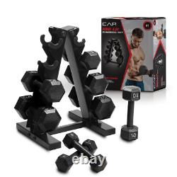 Barbell 100 Lb Cast Iron Hex Dumbbell Weight Set with Rack, Black