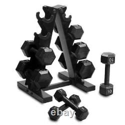 Barbell 100 lb Cast Iron Hex Dumbbell Weight Set with Rack, Black