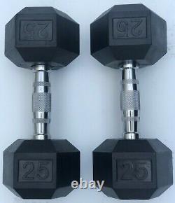 Brand New 25lb Pair Of Rubber Coated Hex Dumbbells Weights For Commercial Gym
