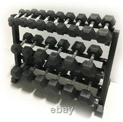 Brand New 5-50lb Rubber Hex Dumbbell Set + 48 3-tier Rack Commercial Crossfit