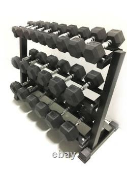 Brand New 5-50lb Rubber Hex Dumbbell Set + 48 3-tier Rack Commercial Crossfit