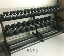 Brand New In Stock 5-70lb Rubber Hex Dumbbell Set + Large 3-tier Rack