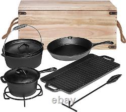 Camping Cooking Set of 7. Pre Seasoned Cast Iron Pots and Pans Cookware/Dutch Ov