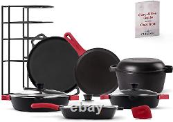 Cast Iron 18-Piece Preseasoned Cookware Set 10+12 Skillets with Glass Lids +