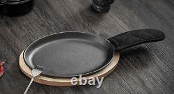 Cast Iron Fajita Plate Sizzler Pan with Wooden Tray Set of 4