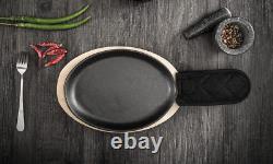 Cast Iron Fajita Plate Sizzler Pan with Wooden Tray Set of 4