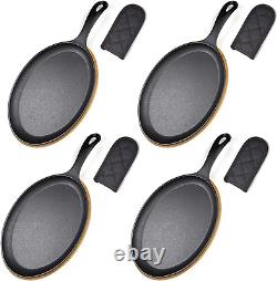 Cast Iron Fajita Plate Sizzler Pan with Wooden Tray Set of 4