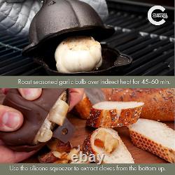 Cast Iron Garlic Roaster and Squeezer Set Black Pre-Seasoned Cast-Iron with wi