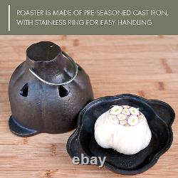 Cast Iron Garlic Roaster and Squeezer Set Black Pre-Seasoned Cast-Iron with wi
