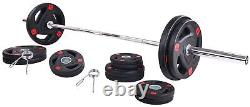 Cast Iron Plates Olympic Weight Set With Barbell Clip Bench Presses Workout 300 Lb