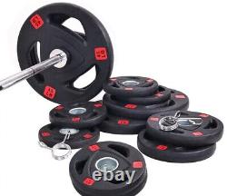 Cast Iron Plates Olympic Weight Set With Barbell Clip Bench Presses Workout 300 Lb