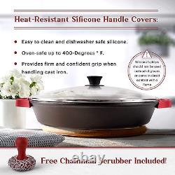 Cast Iron Skillet + Glass Lid + Chainmail Scrubber 15-Inch Dual Handle Braise