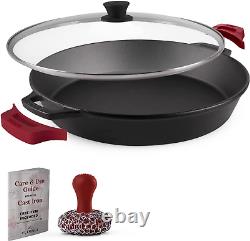 Cast Iron Skillet + Glass Lid + Chainmail Scrubber 15-Inch Dual Handle Braise