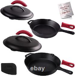 Cast Iron Skillet Set with Lids 10? +12? Inch Preseasoned Covered Frying Pan Set