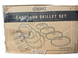 Cast Iron Skillets Set 6+8+10+12 + Glass Lids + Silicone Handle Grips