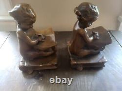 Child Bookends, Bronzed Finish Cast Iron Heavy Over 5lbs Bookend Art Nouveau