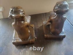 Child Bookends, Bronzed Finish Cast Iron Heavy Over 5lbs Bookend Art Nouveau