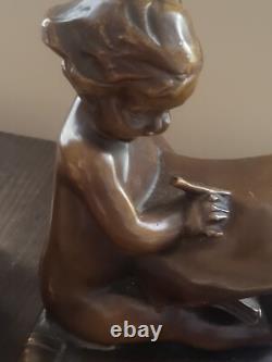 Child Bookends, Bronzed Finish Cast Iron Heavy Over 5lbs Bookend Art Nouveau