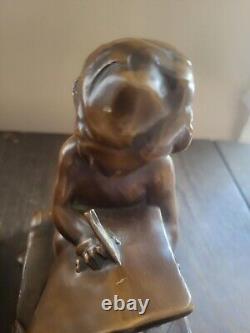 Child Bookends, Bronzed Finish Cast Iron Heavy Over 5lbs Bookend Art Nouveau