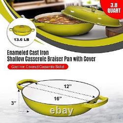 Enameled Cast Iron Cookware Shallow Casserole Braiser Pan, With Steel Knob Cover