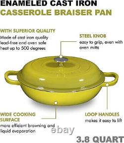 Enameled Cast Iron Cookware Shallow Casserole Braiser Pan, With Steel Knob Cover