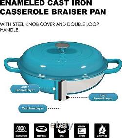 Enameled Cast Iron Cookware Shallow Casserole Braiser Pan, With Steel Knob Cover