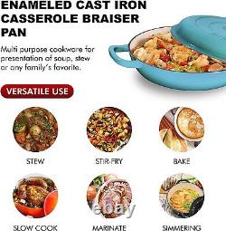 Enameled Cast Iron Cookware Shallow Casserole Braiser Pan, With Steel Knob Cover