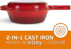Enameled Red 2-In-1 Cast Iron Multi-Cooker by Heavy Duty 3 Quart Deep Skillet