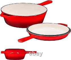 Enameled Red 2-In-1 Cast Iron Multi-Cooker by Heavy Duty 3 Quart Deep Skillet