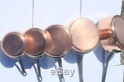 French Vntage Copper Pan Saucepan Set 5 With Cast Iron Handles Tin Lined 10.1lbs