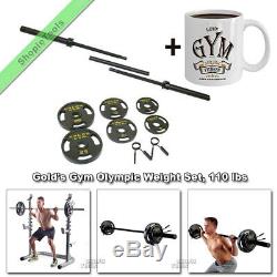 Golds Gym Weights Set Olympic 110 lbs Bar Cast Iron Plates Gold Barbell with Mug