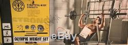 Golds Gym Weights Set Olympic 110 lbs Bar Cast Iron Plates Gold Barbell with Mug