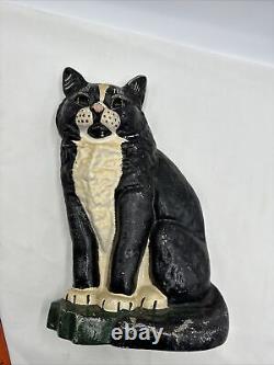 HUGE Heavy 9 lbs ANTIQUE VINTAGE BLACK White CAT DOOR STOP Cast Iron 12