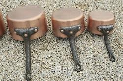 Heavy VINTAGE Hammered Copper Saucepan Set 5 Tin Lined w Cast Iron Handles 19lbs