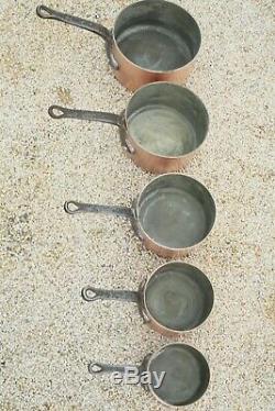 Heavy VINTAGE Hammered Copper Saucepan Set 5 Tin Lined w Cast Iron Handles 19lbs