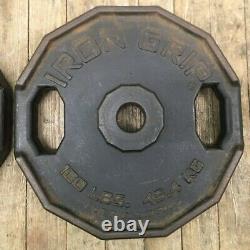 IRON GRIP 100lbs Metal Olympic Weight Plates SET of Two 2 hole Free Shipping
