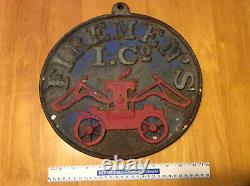 Large vintage 12lb cast iron sign Firemen's I. Co-displayed many years condition