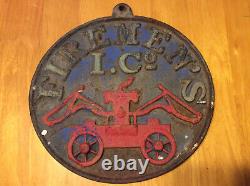Large vintage 12lb cast iron sign Firemen's I. Co-displayed many years condition
