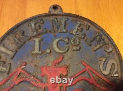 Large vintage 12lb cast iron sign Firemen's I. Co-displayed many years condition