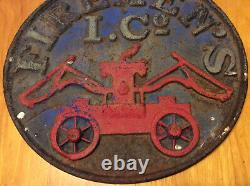 Large vintage 12lb cast iron sign Firemen's I. Co-displayed many years condition