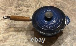 Le Creuset Blue Enamel Cast Iron Sauce Pot Lid #18 Wooden Handle Mothers Day