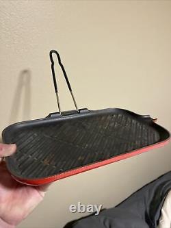 Le Creuset Heavy Cast Iron Steak Fish Grill Pan Red Enamel Used