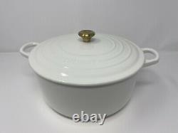 Le Creuset White Dutch Oven #24 France 4.5 Qt Enamel Cast Iron, Gold Brass Knob