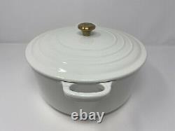 Le Creuset White Dutch Oven #24 France 4.5 Qt Enamel Cast Iron, Gold Brass Knob