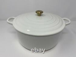 Le Creuset White Dutch Oven #24 France 4.5 Qt Enamel Cast Iron, Gold Brass Knob