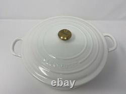 Le Creuset White Dutch Oven #24 France 4.5 Qt Enamel Cast Iron, Gold Brass Knob