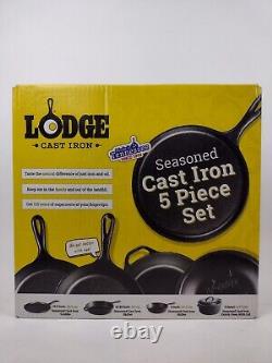 Lodge Seasoned Cast Iron 5 Piece Set Skillet Griddle Dutch Oven Black NEW