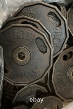 Lot 720 lbs Vintage Iron Grip Cast Iron Olympic Weight Plates 35lb 25lb